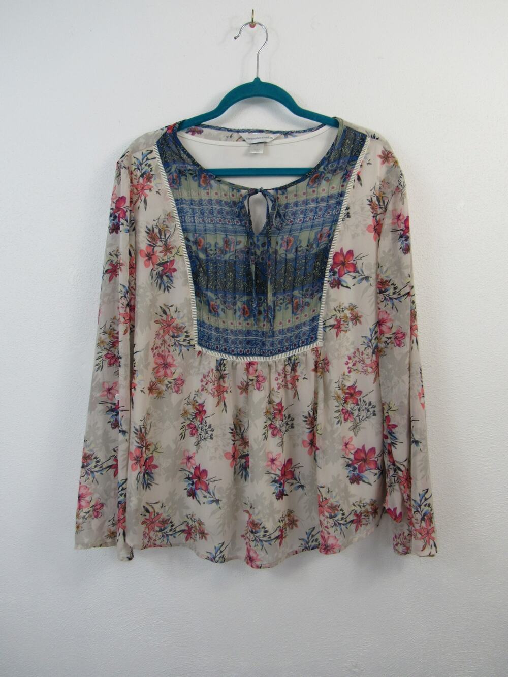 Christopher & Banks XL Blouse Top Long Sleeves Beige Pink Blue Floral Paisley